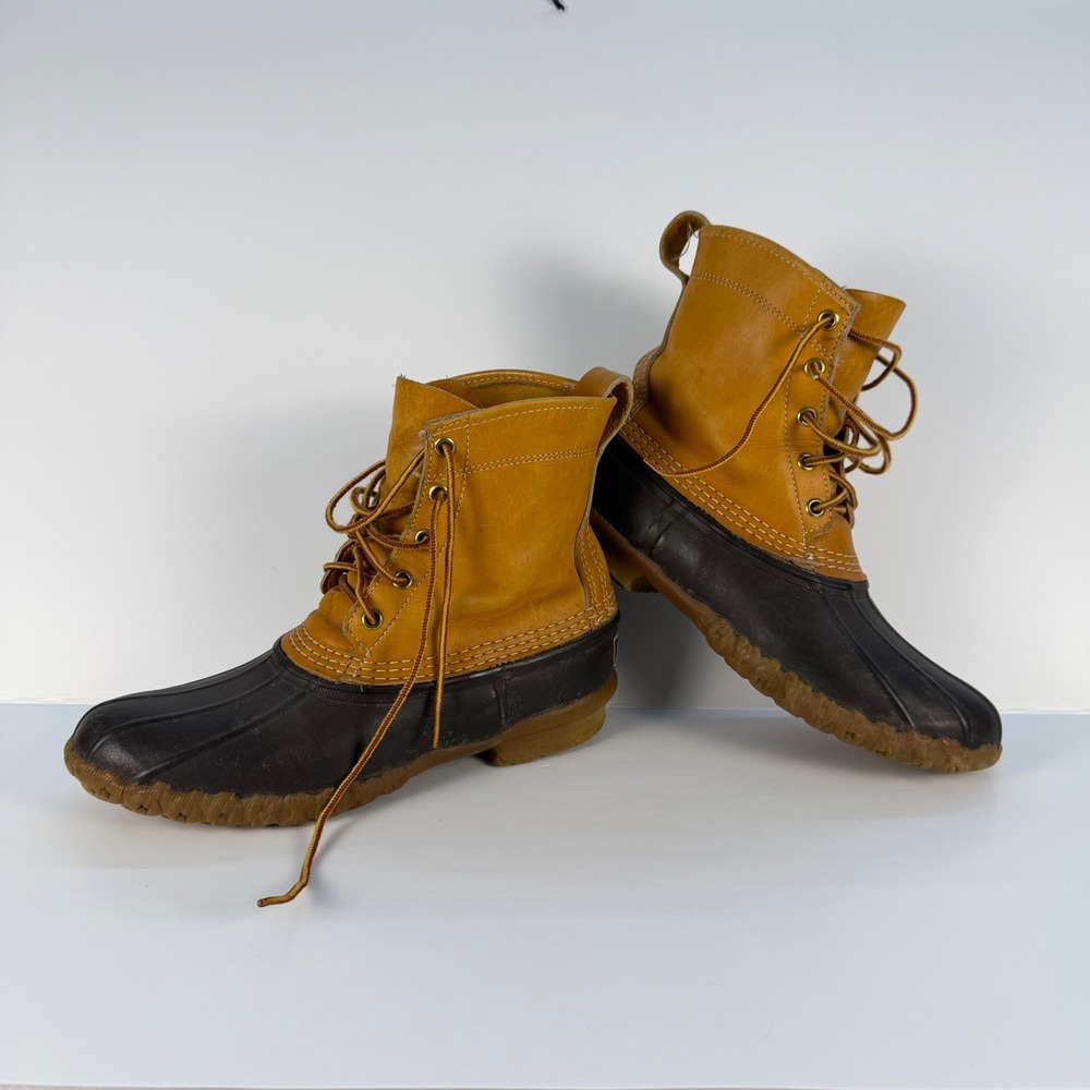 LL Bean Maine Hunting Shoe Women 8 Tan Duck Boots Leather Rubber 6 Inch USA